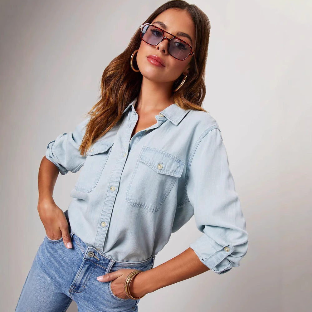 Women's Denim Shirt – Relaxed Fit – Button Closure – Long Sleeves – Chest Pockets