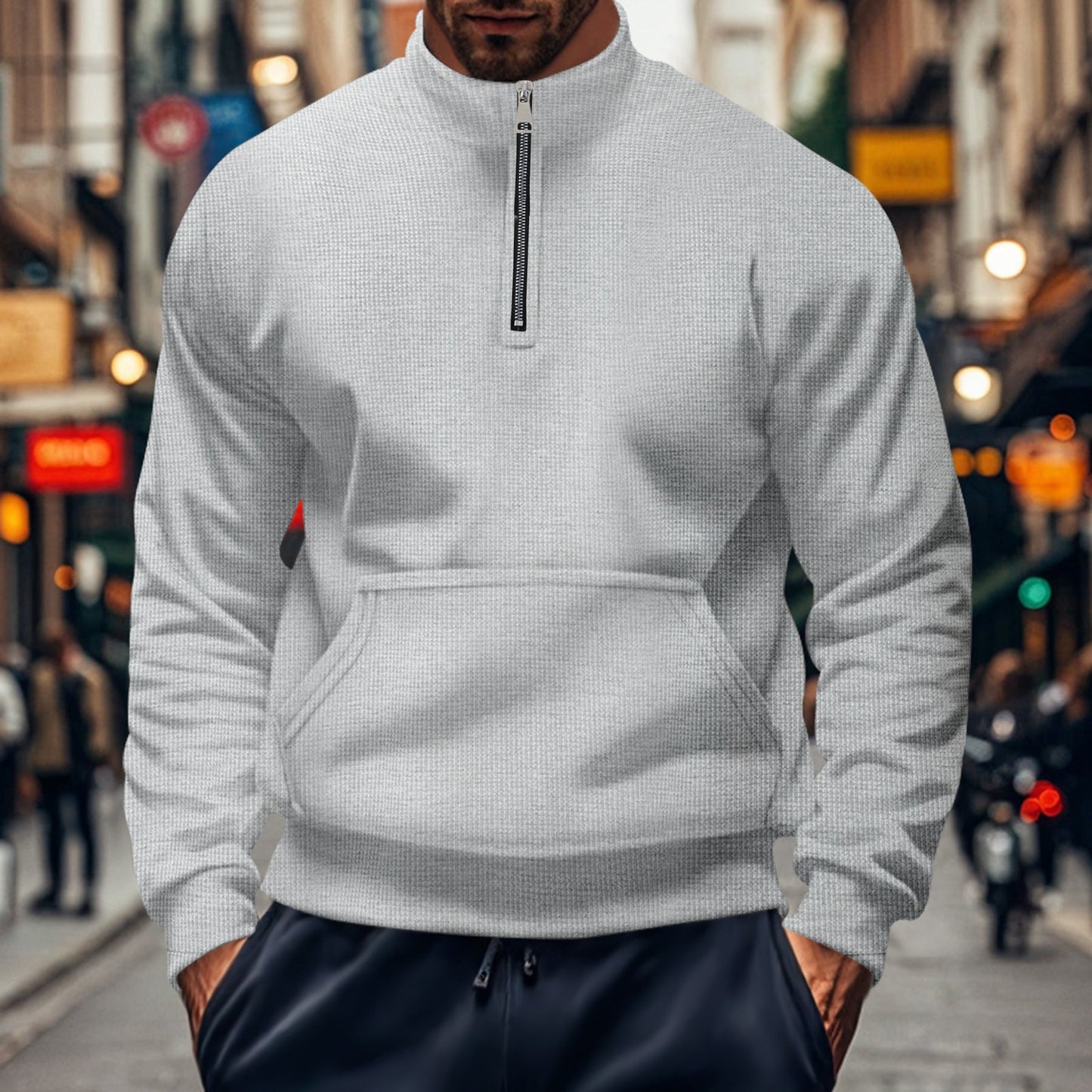 TrendAura Mens Sweatshirt Relaxed Fit Half Zip Kangaroo Pocket Cotton Knit Ribbed Trim For Everyday Wear