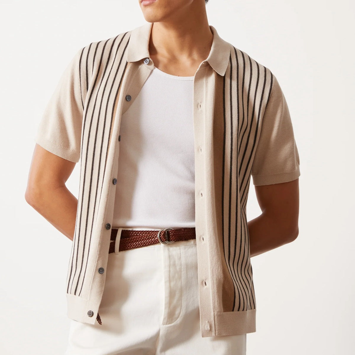 Men's Polo Shirt Relaxed Fit Knit Fabric Button Closure Vertical Stripes Nordic Flair