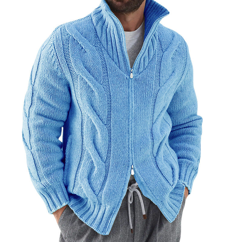 Men's Wool Blend Cardigan With Cable Knit Sleeves Zipper High Neck Relaxed Fit Grey