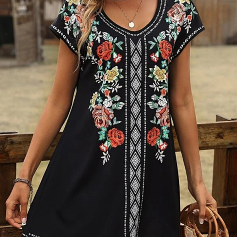Women’s Tunic Dress – Relaxed Fit – Floral Embroidery – Soft Cotton – V-Neck – Short Sleeve
