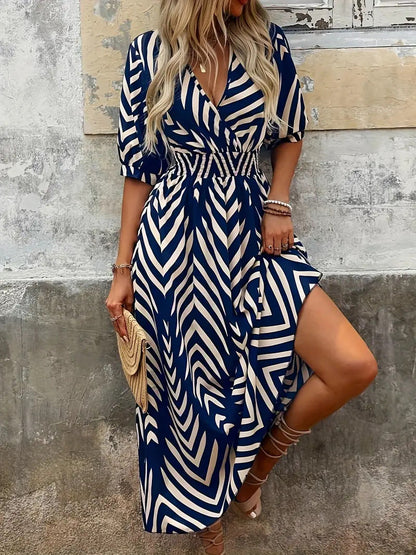 Dress for women – Midi A-line fit – V-neck wrap – Belt – Puff sleeves – Chevron