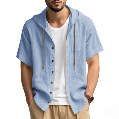 Men's Hooded Linen Blend Shirt With Short Sleeves Relaxed Fit Button Closure Perfect For Summer