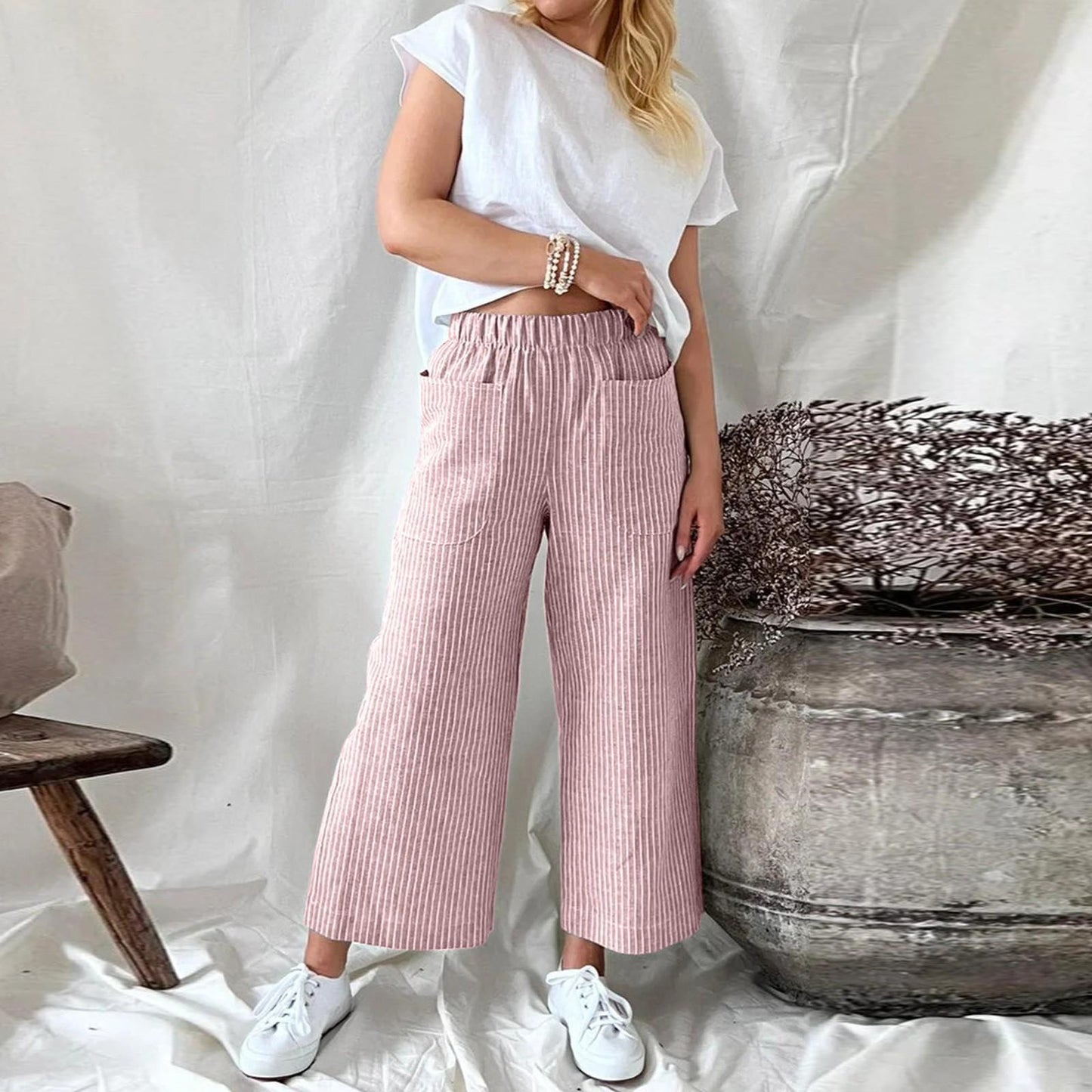 Melissa Loose Stripe Cotton Linen Pants For Women Comfortable Wide Leg Style Breathable Everyday Comfort