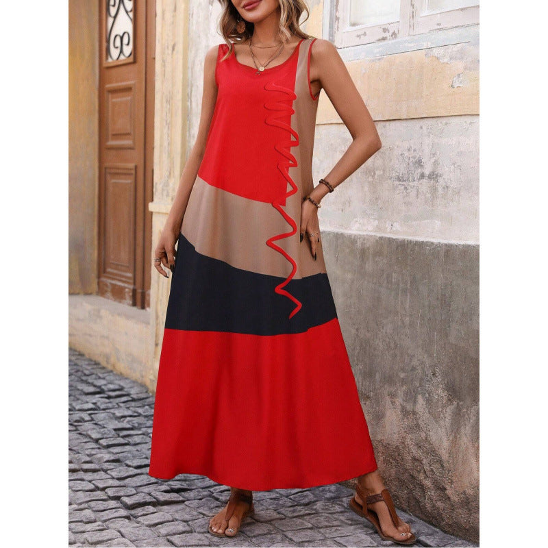 Women’s Maxi Dress – V-Neck – Slim Waist – Geometric Print – Ruffle Cap Sleeves – Side Slit