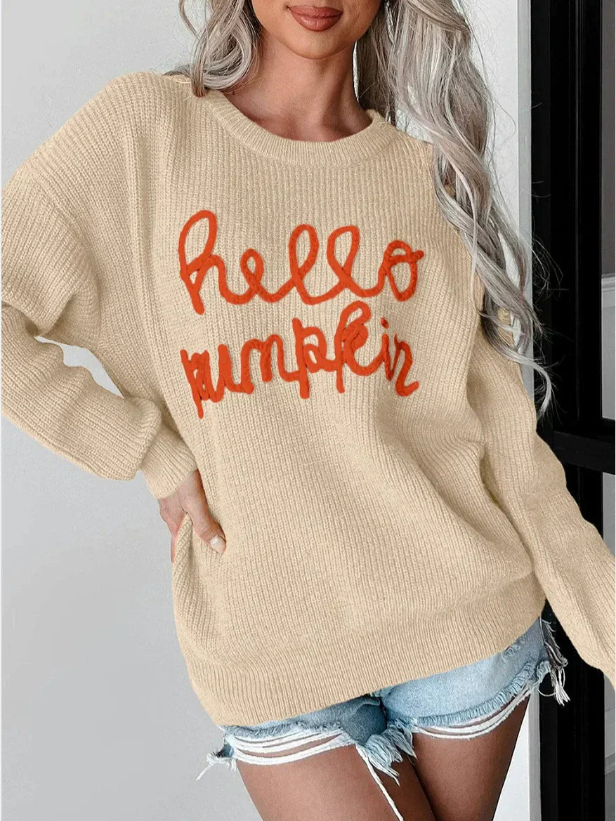 Women’s Sweater – Relaxed Fit – Knitted Wool Blend – Ribbed Texture – Letter Detail