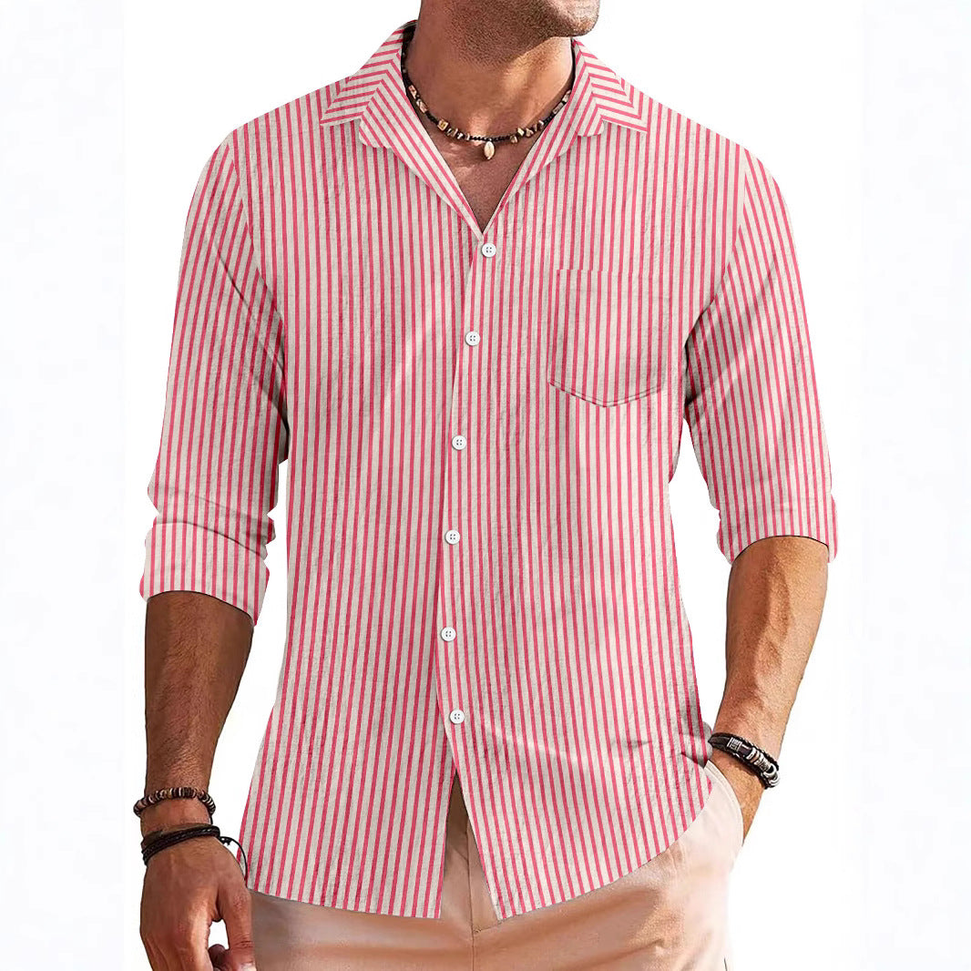 TrendAura Men's Long Sleeve Shirt Regular Fit Striped Pattern Chest Pocket Breathable Material