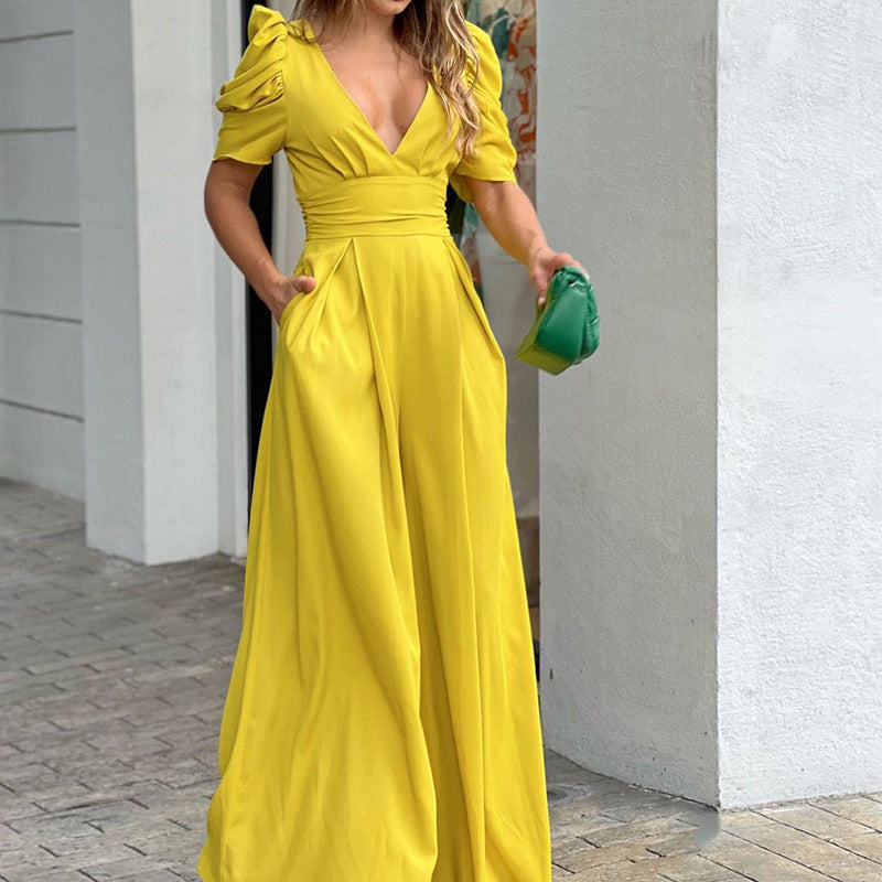 Women's Jumpsuit – Wide Leg – V-neck – Puff Sleeves – Defined Waist – Pockets