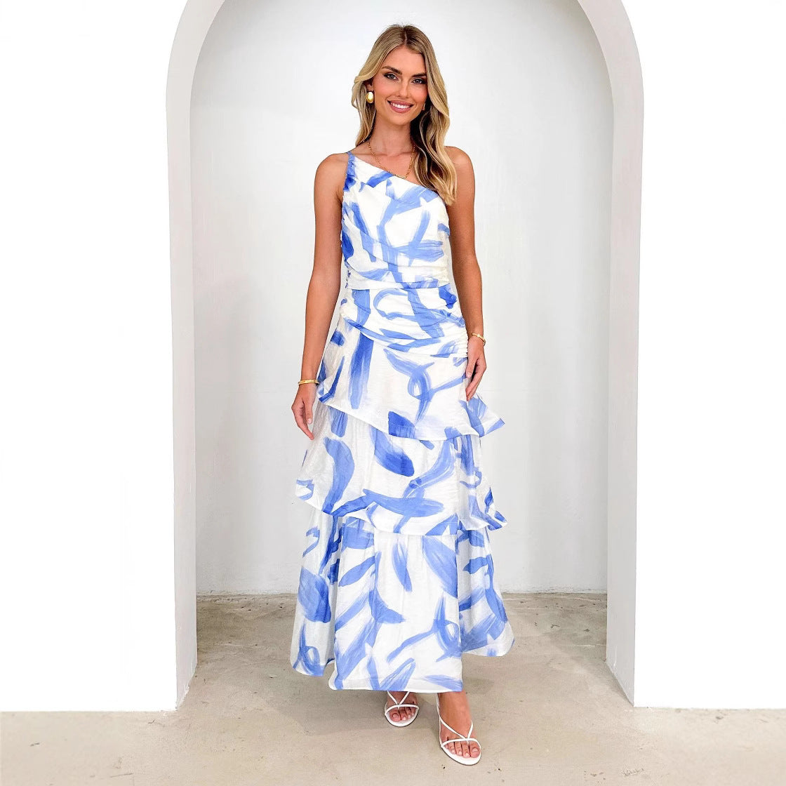 TrendAura Women's Maxi Dress One Shoulder Ruched Bodice With Tiered A-Line Skirt - Elegant Summer Festive Wear