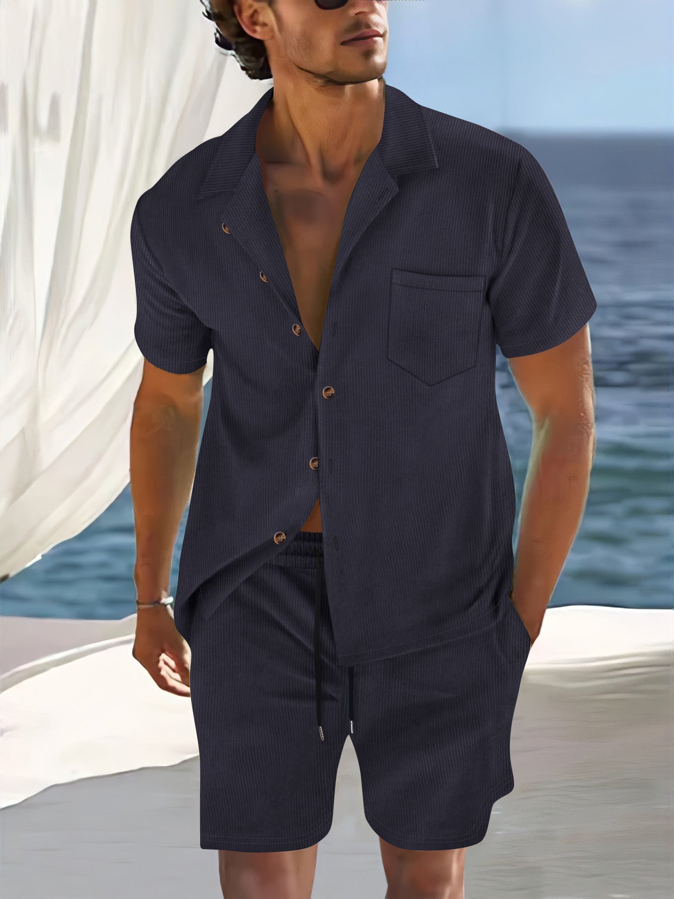 Men's Short Sleeve Shirt Set Relaxed Fit Lapel Collar Vertical Striped Button Front 2 Piece Summer Outfit
