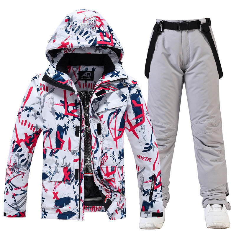 Men's Two Piece Ski Suit With Hooded Jacket And Suspenders Relaxed Fit Water Resistant Winter Snow Set