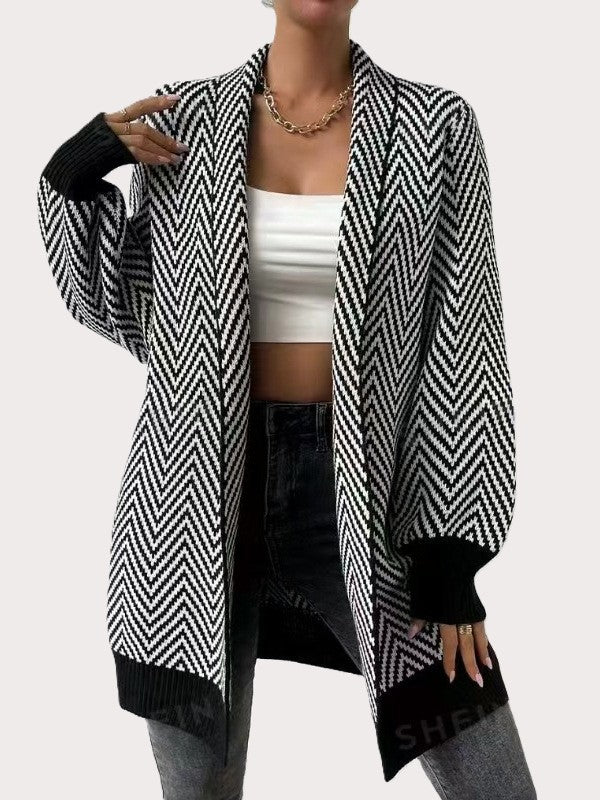 Women’s Open Front Cardigan - Long Sleeve - Geometric Pattern - TrendAura