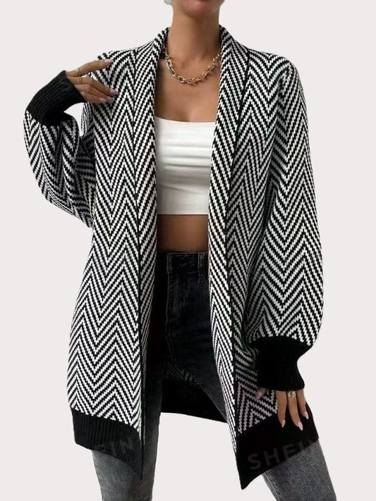 Women’s Open Front Cardigan - Long Sleeve - Geometric Pattern - TrendAura