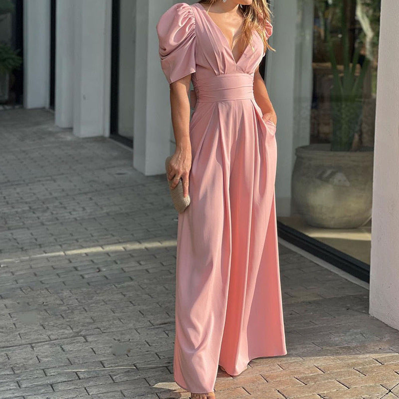 Women's Jumpsuit – Wide Leg – V-neck – Puff Sleeves – Defined Waist – Pockets