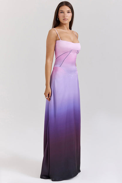 Women's Evening Dress – Satin – A-line Long Dress – Spaghetti Straps – Cut-out Waist