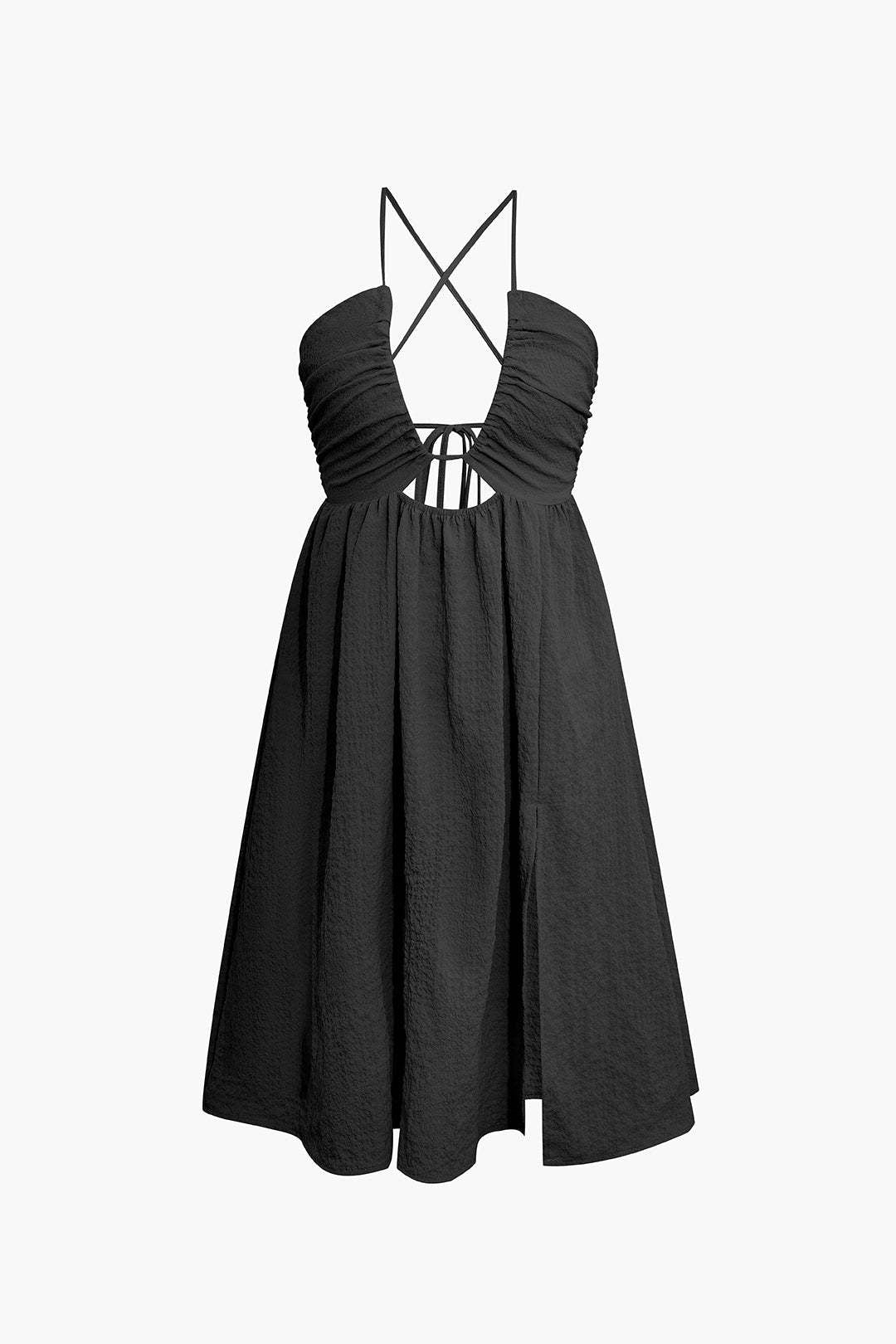 Dress for women – Midi length – V-neckline – Spaghetti straps – Cut-out – Slit