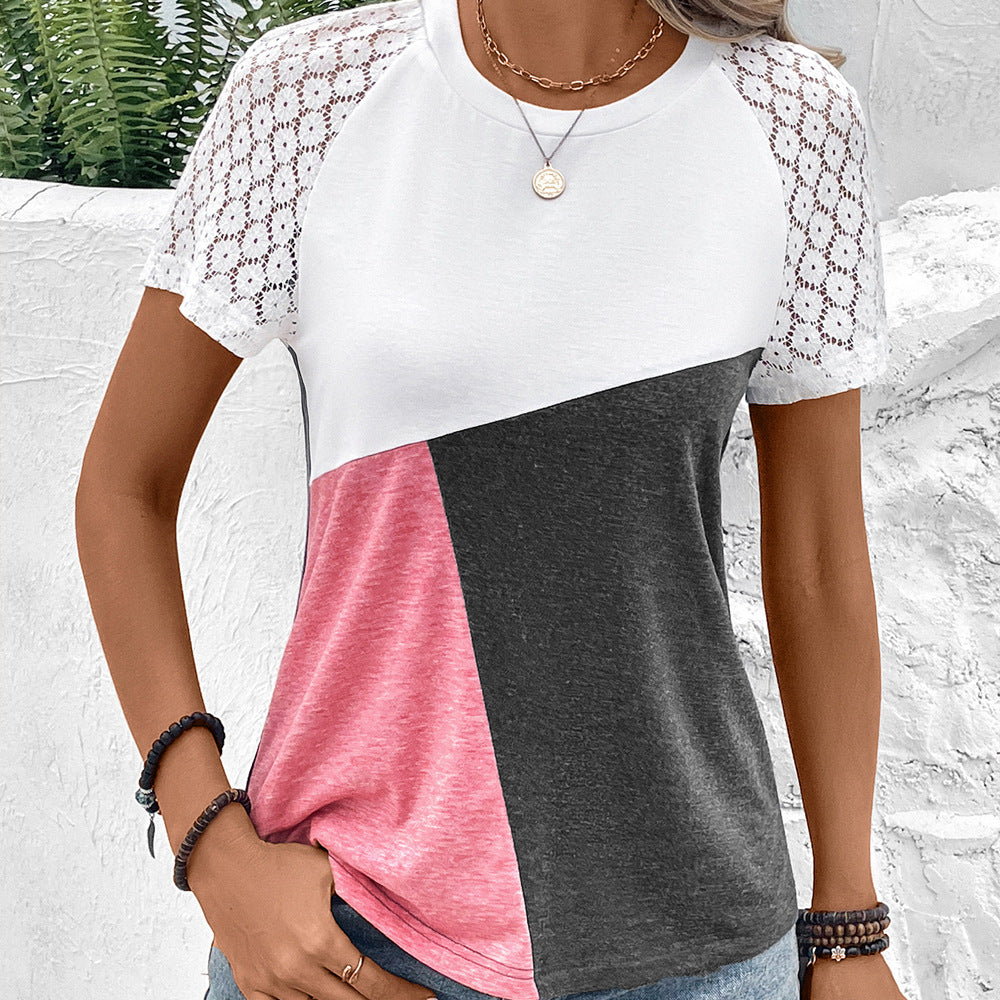 Women’s T-Shirt – Relaxed Fit – Cotton Blend – Lace Sleeves – Round Neck Casual Wear