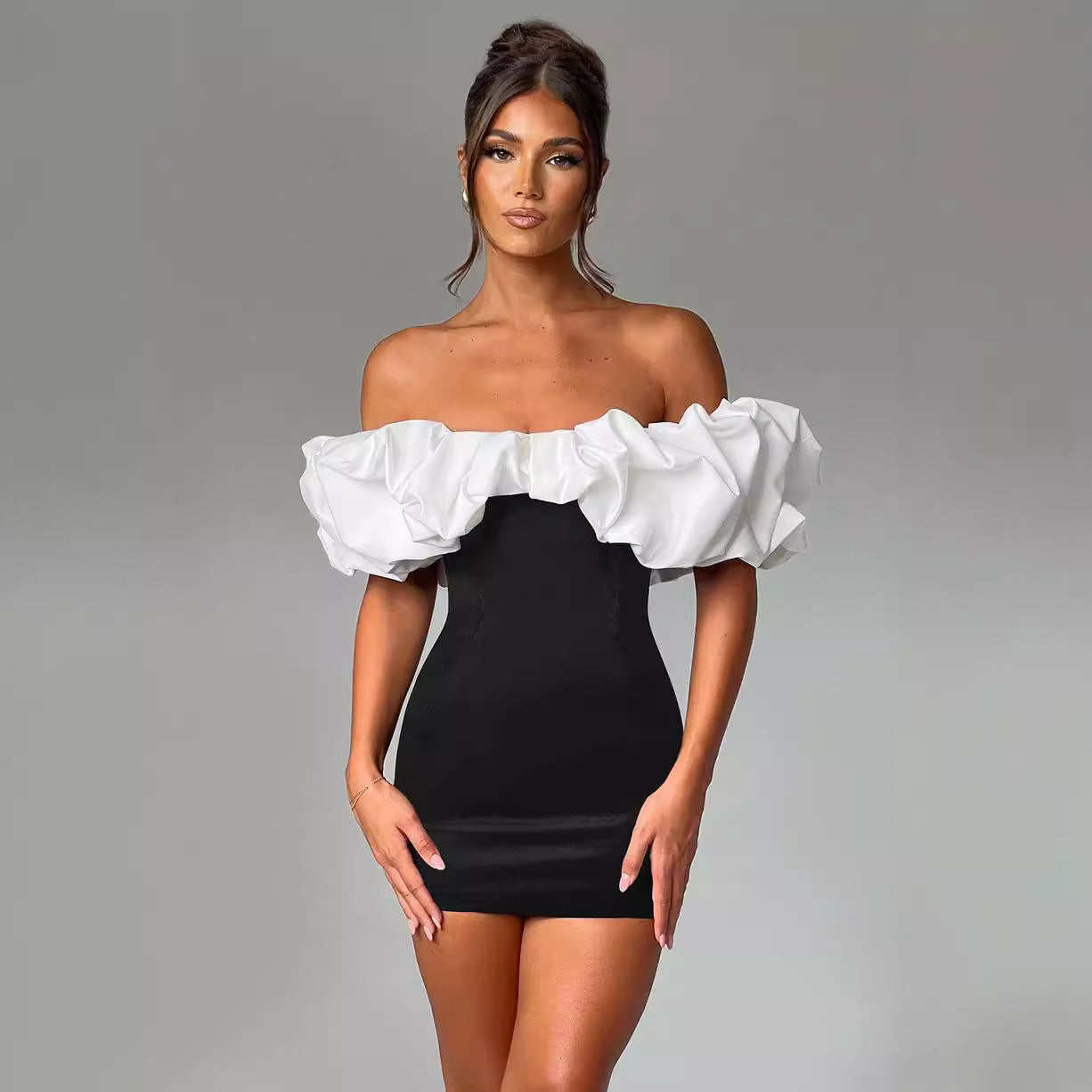 Dress for women – Mini – Off shoulder with ruffles – Slim fit – Bodycon party dress