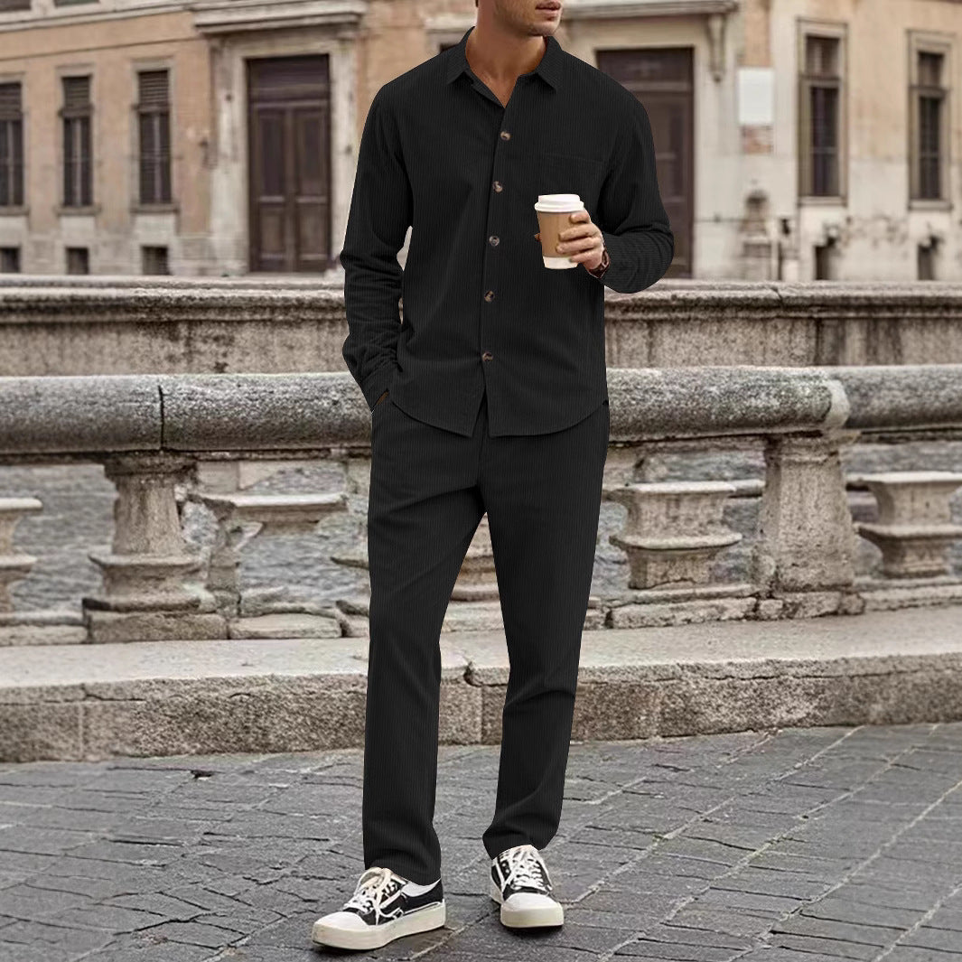 Men's Corduroy Shirt And Pants Set With Relaxed Fit Button Closure Casual Nordic Flair
