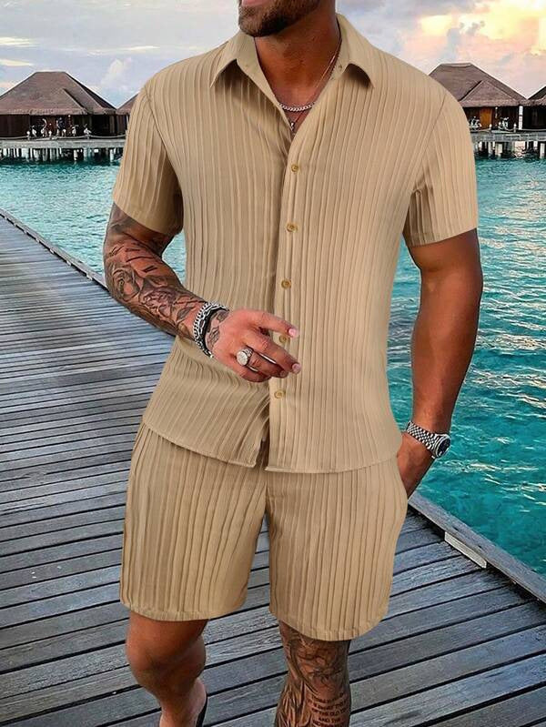 Men's Casual Button Down Shirt And Shorts Set Relaxed Fit Cotton Blend Summer Essentials