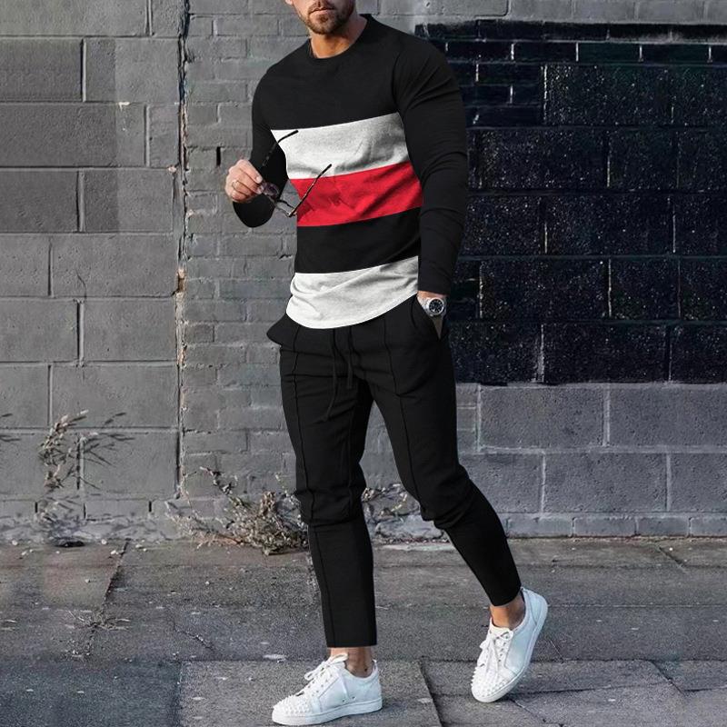 Men's Two-Piece Tracksuit Set Slim Fit With Stretch Fabric And 3D Print Pullover Top And Tapered Pants