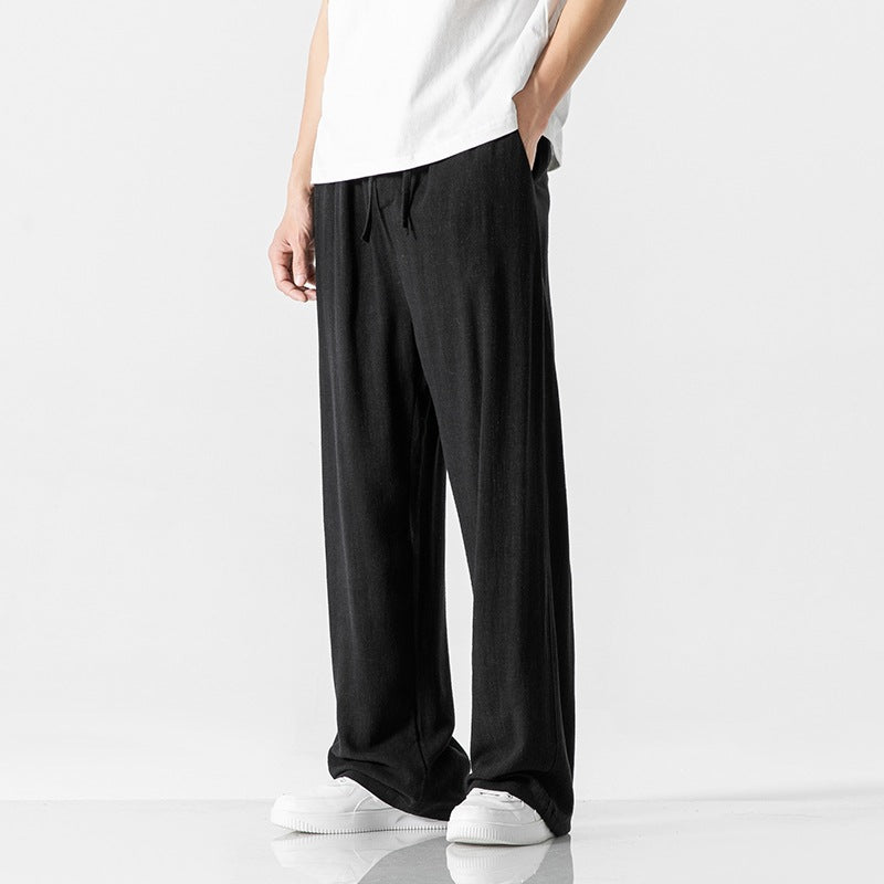 Men's Linen Blend Trousers With Drawstring Waist For Everyday Casual Wear Loose Fit Full Length
