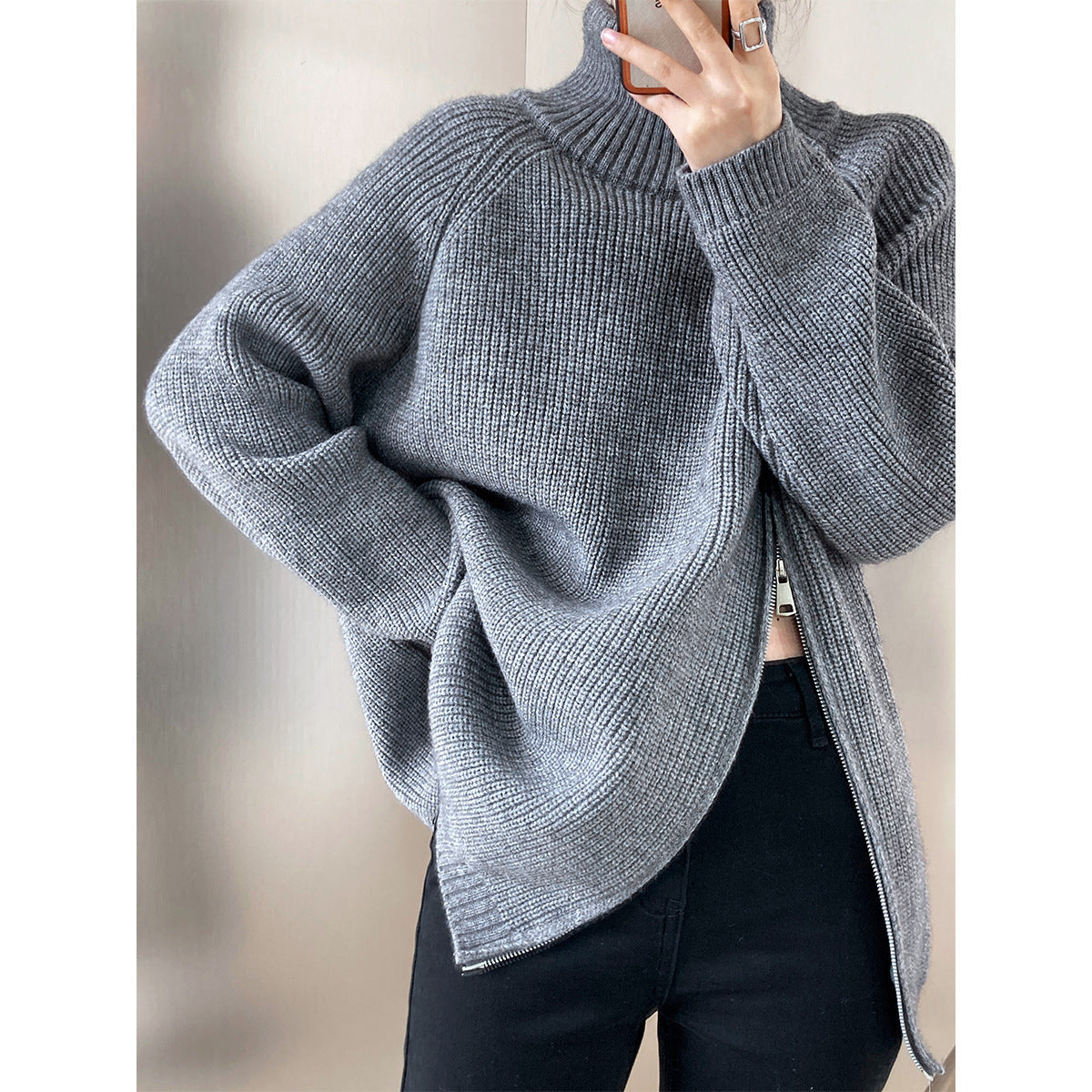 Women’s Knit Sweater – Wool Blend – Oversized Fit – High Collar – Side Zipper