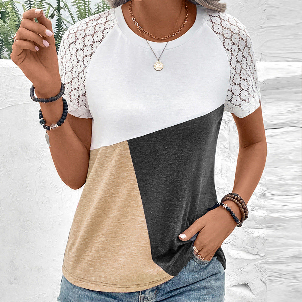 Women’s T-Shirt – Relaxed Fit – Cotton Blend – Lace Sleeves – Round Neck Casual Wear