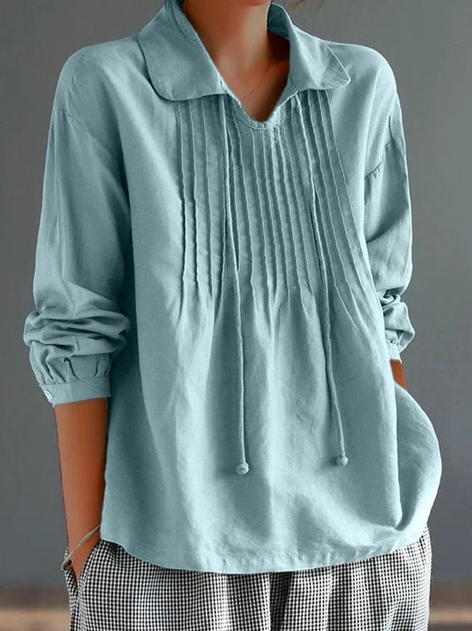 Women's Shirt with Long Sleeves – Relaxed Fit – Cotton Linen – Pleated Front