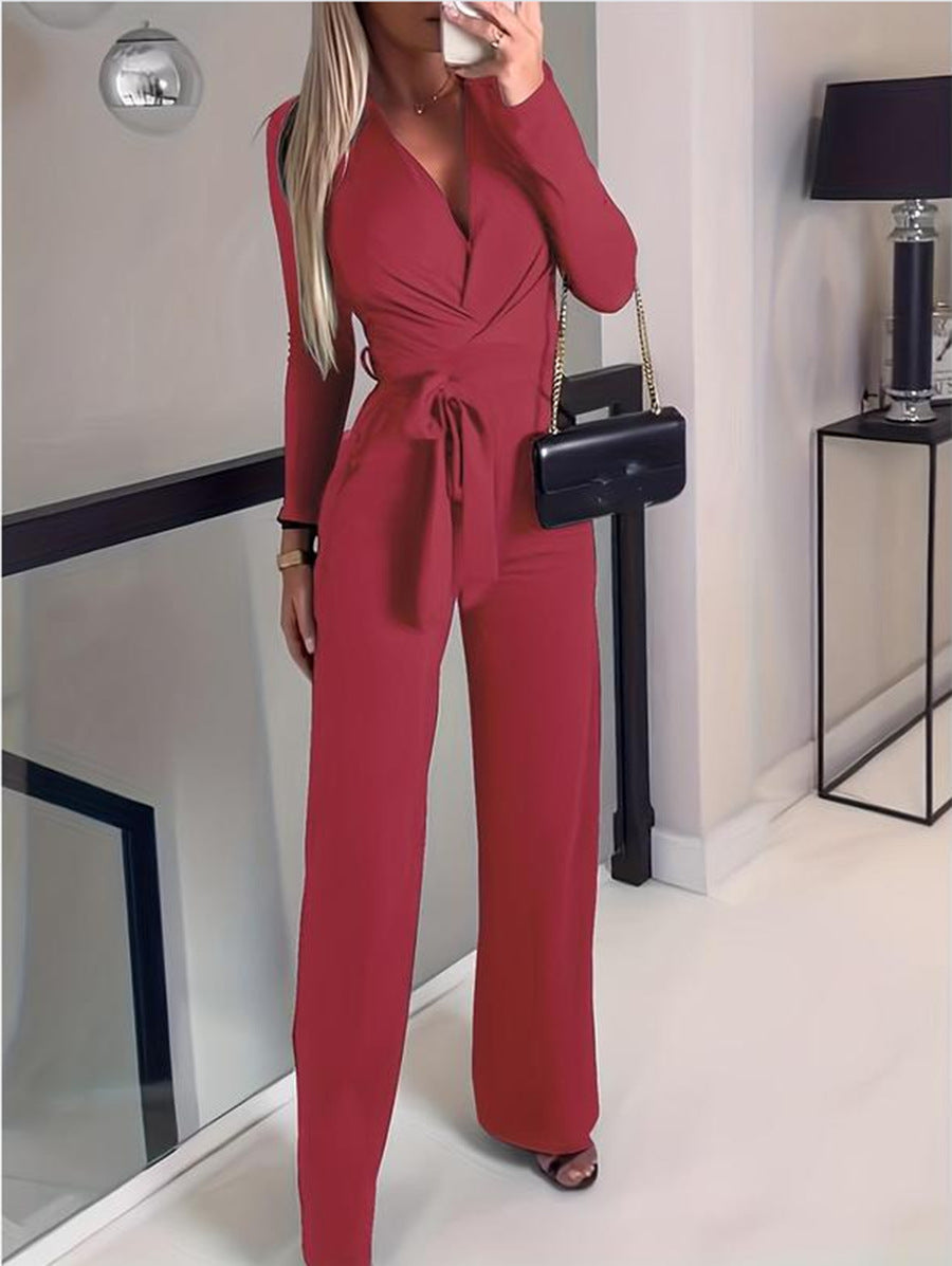 Women's Long-Sleeve V-Neck Wrap Jumpsuit with Wide-Leg Pants