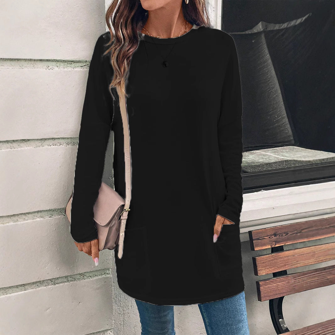 Women’s Sweatshirt – Relaxed Fit – Cotton Blend – Tunic Length – Round Neck – Hip Pockets