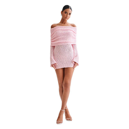 Women's Beach Dress – Off Shoulder – Slim Fit – Light Knit – Long Sleeved – Semi Transparent