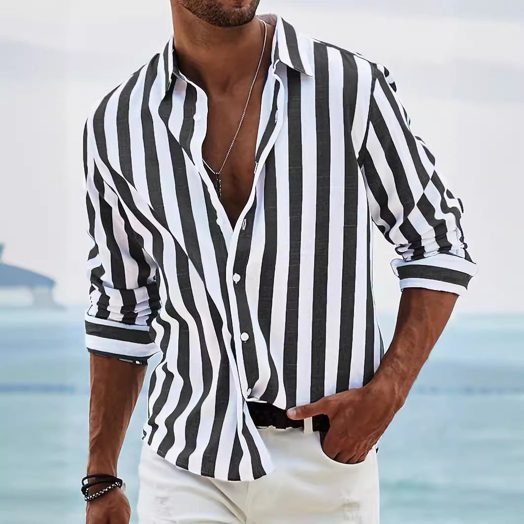 Men's Long Sleeve Shirt Cotton Linen Blend Striped Design Relaxed Fit Casual Everyday Wear