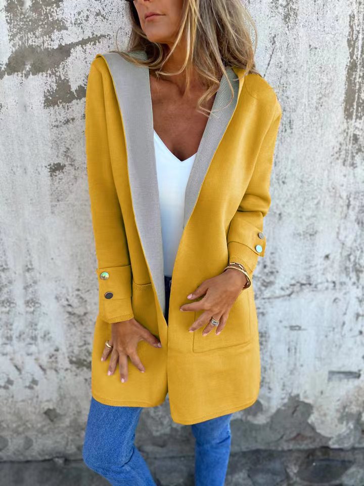 Women’s Hooded Cardigan – Soft Knit – Relaxed Fit – Contrast Trim – Button Cuffs – Long Length