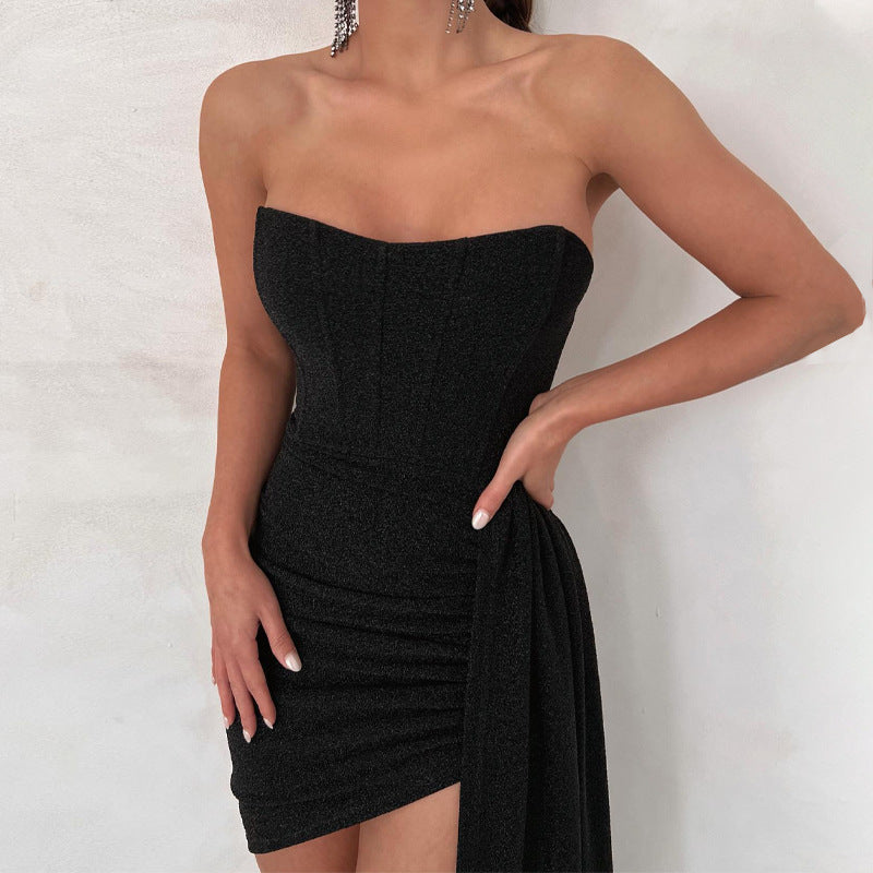 Dress for Women – Mini – Strapless Bodycon – Satin Look – Draped Waist Asymmetric Hem