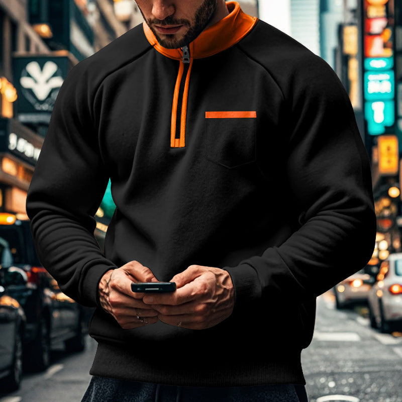 Men's Cotton Blend Zip Neck Sweatshirt With Stand Up Collar And Chest Pocket Regular Fit