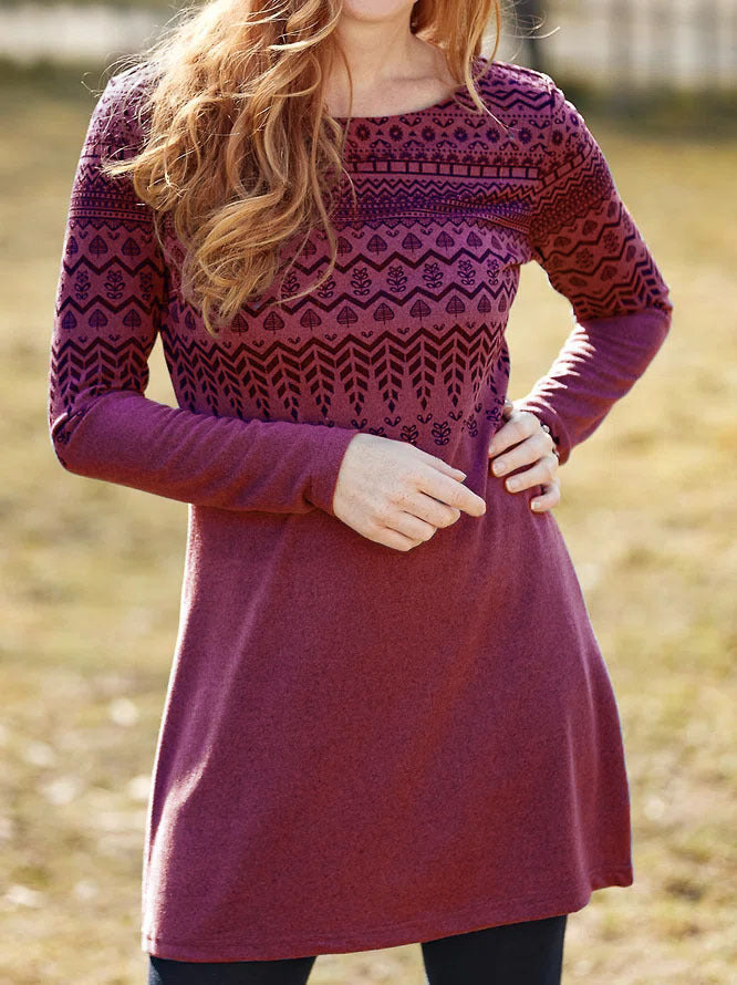 Women’s Long Sleeve Dress – Brushed Fabric – Relaxed Fit – Ethnic Print – Round Neck