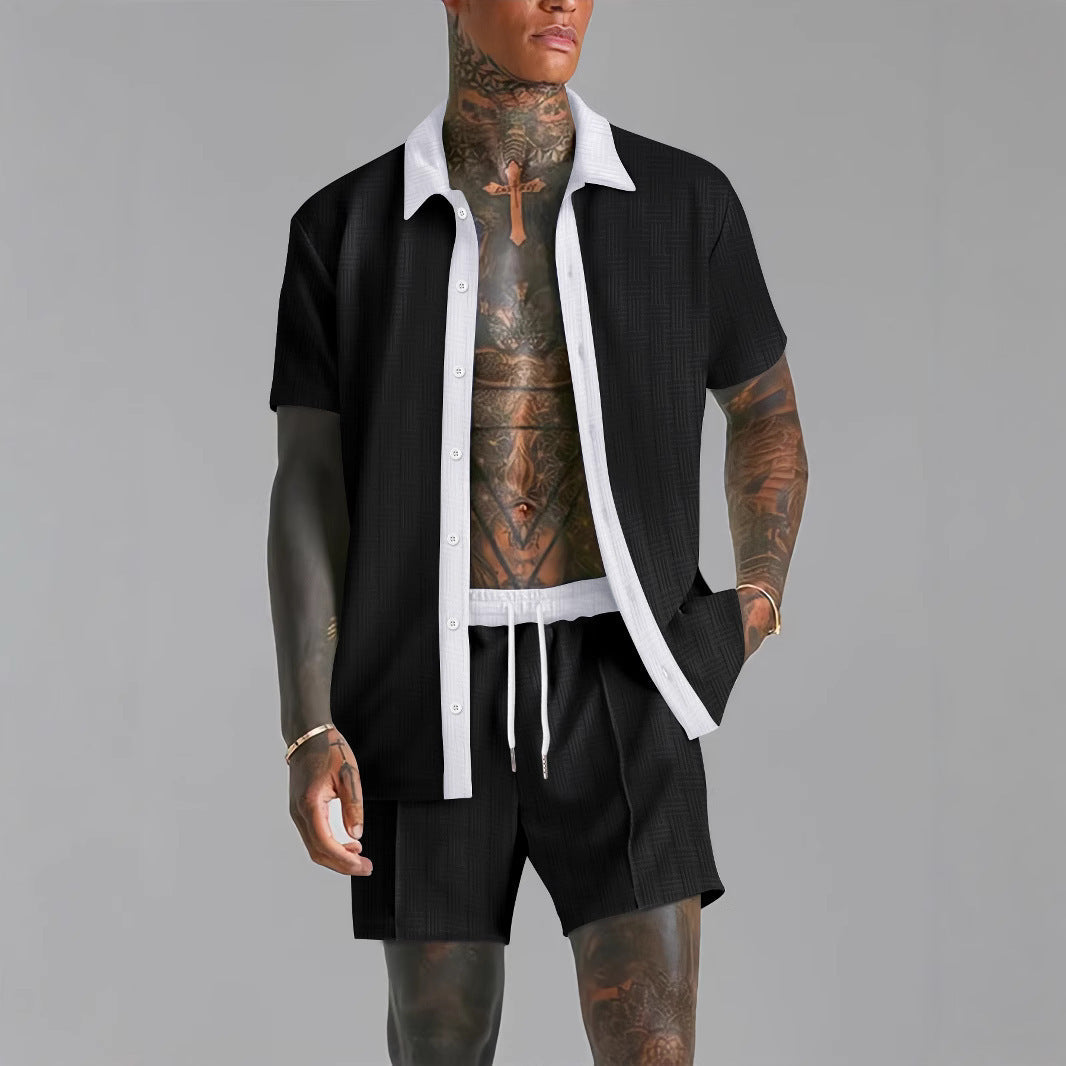 Men's Cotton Blend Shirt and Shorts Set with Relaxed Fit, Button Closure, Elastic Waist