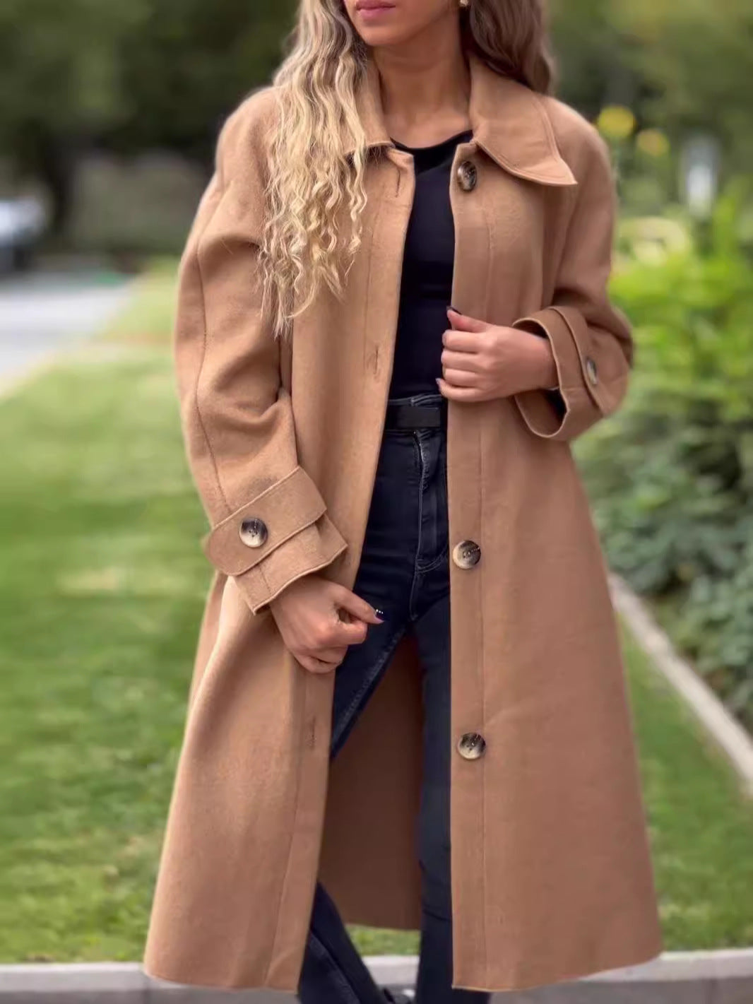 Women’s Long Coat – Wool Blend – Relaxed Fit – Button Front – Full Length – Classic Collar