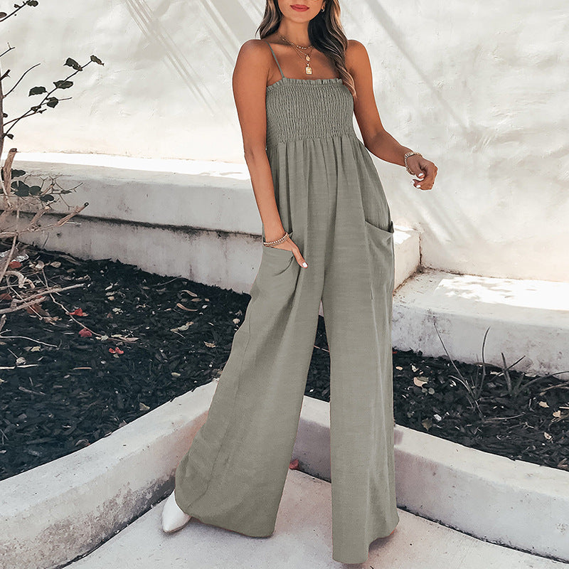 Women's Jumpsuit – Relaxed Fit – Ruched Bodice – Spaghetti Straps – Ankle Length – Lightweight Breathable Fabric – With Pockets