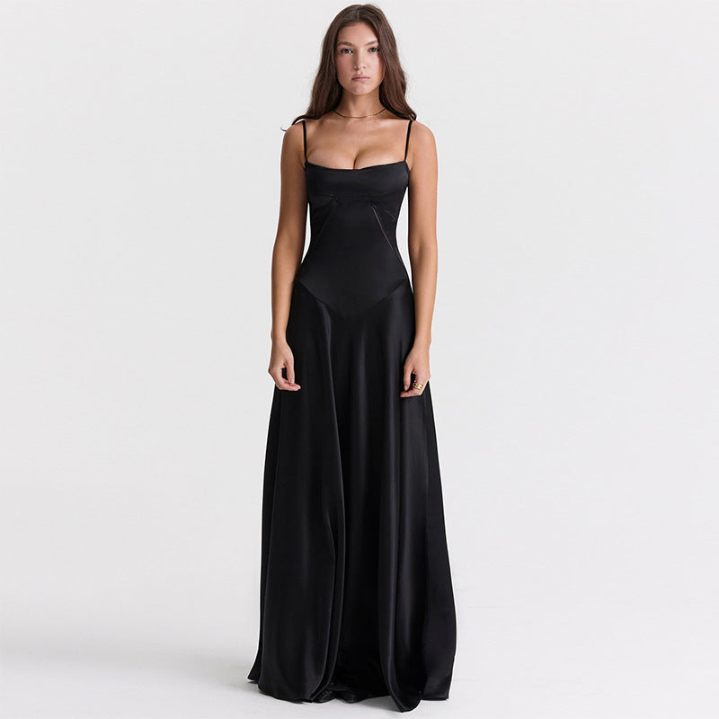 Women's Evening Dress – Satin – A-line Long Dress – Spaghetti Straps – Cut-out Waist