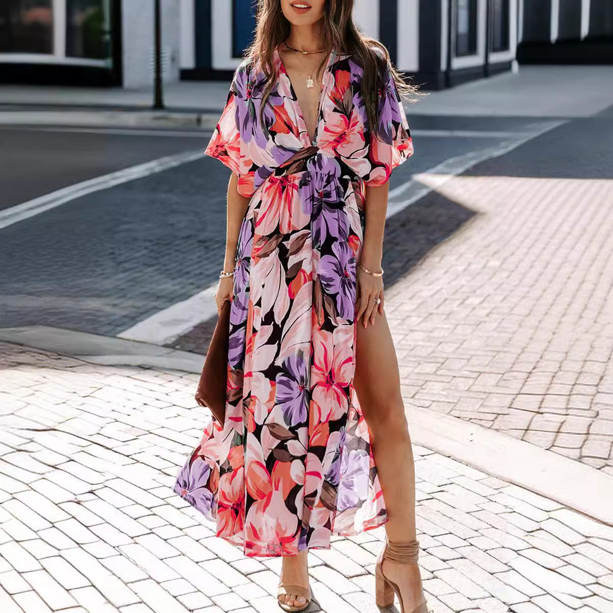 Women's Maxi Dress – Flowy Fit – Wrap Neckline – Floral Pattern – Slit