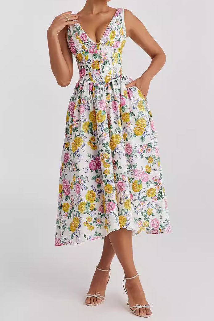 Dress for women – A-line fit – Sleeveless – V-neckline – Floral print – Midi length