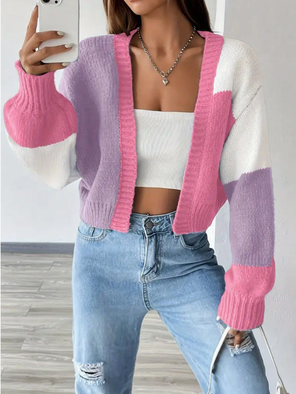 Women's Cardigan – Knit – Short Fit – V-Neck – Block Pattern – Casual Look
