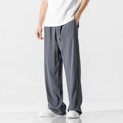 Men's Linen Blend Trousers With Drawstring Waist For Everyday Casual Wear Loose Fit Full Length