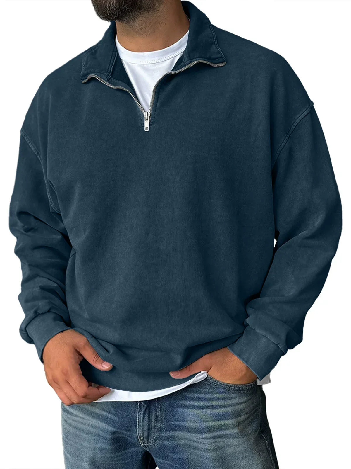 Mens Relaxed Fit Half Zip Sweatshirt With Stand Collar Cotton Blend Drop Shoulder