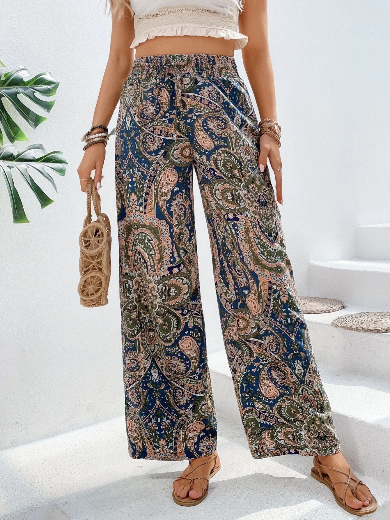 Women’s Wide-Leg Pants – Relaxed Fit – Boho Print – Lightweight Drape – Elastic Waist