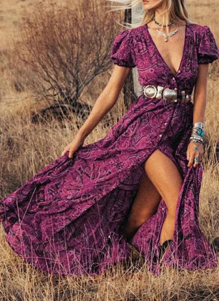 Women’s Maxi Dress – Fitted Waist – Puff Sleeves – Front Slit – Button Detail