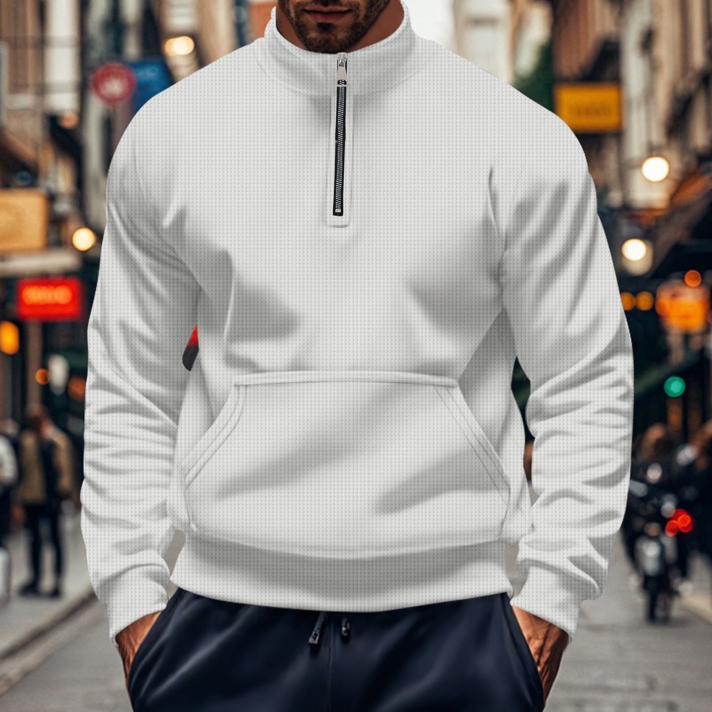 TrendAura Mens Sweatshirt Relaxed Fit Half Zip Kangaroo Pocket Cotton Knit Ribbed Trim For Everyday Wear
