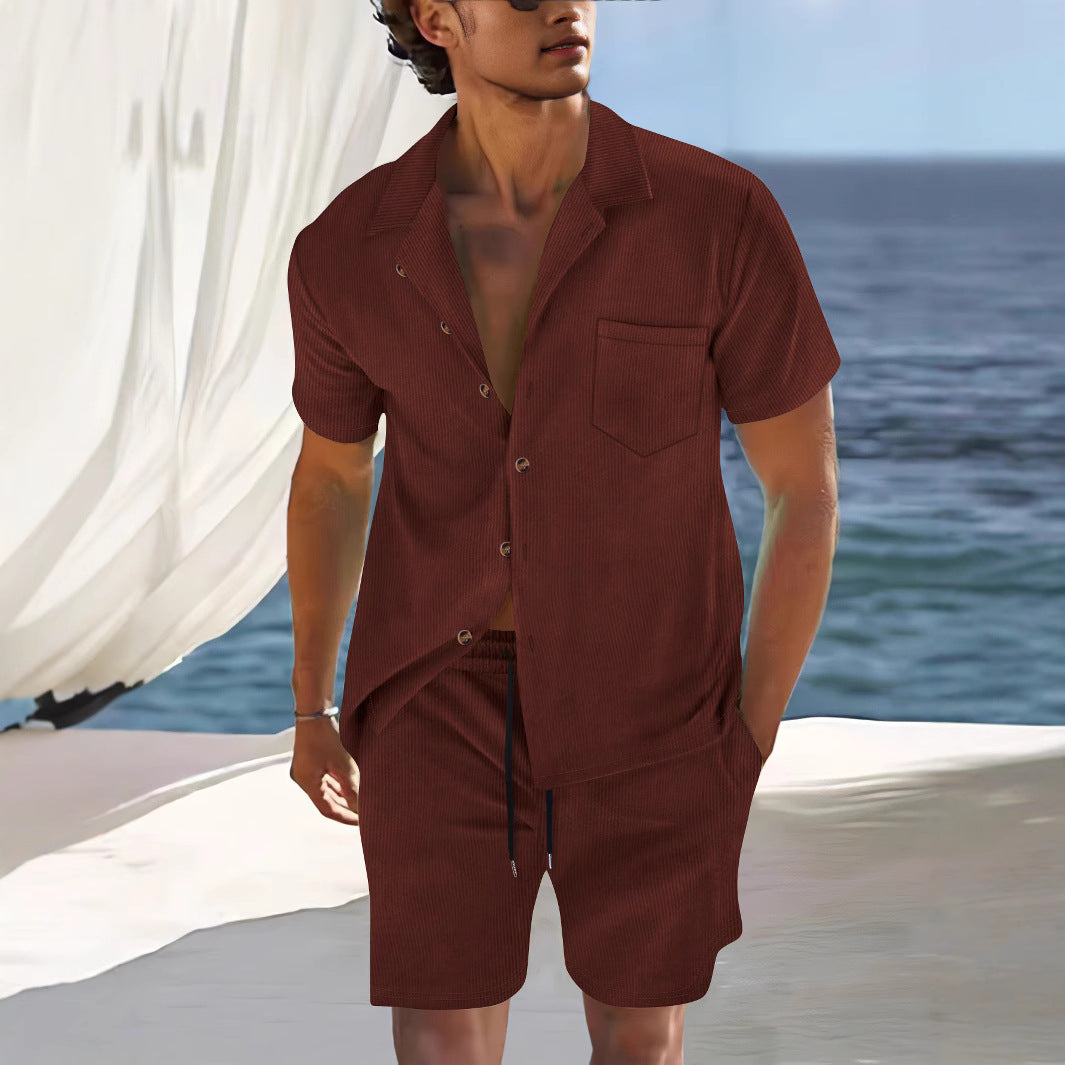 Men's Set With Shirt And Shorts Relaxed Fit Cuban Collar Light Cotton Blend For Summer